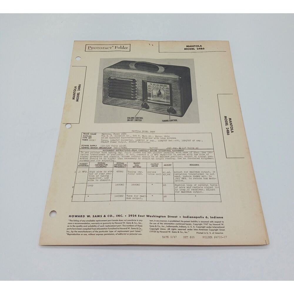 VTG Howard Sams 1947 Radio Photofact Folder Mantola Model 24B6